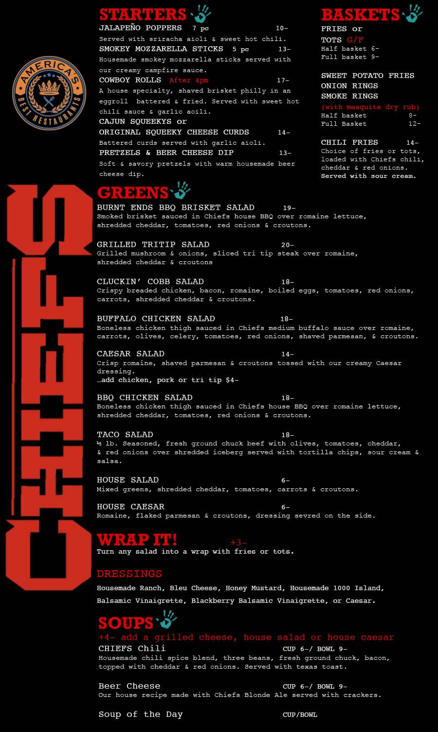 Starters, Baskets, Greens, Wraps and Soups