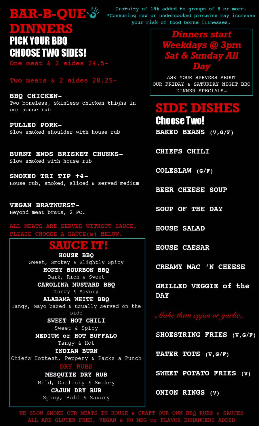BBQ Dinners, Side Dishes, Sauces