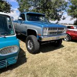 Square body pickup in blue and light gray paint